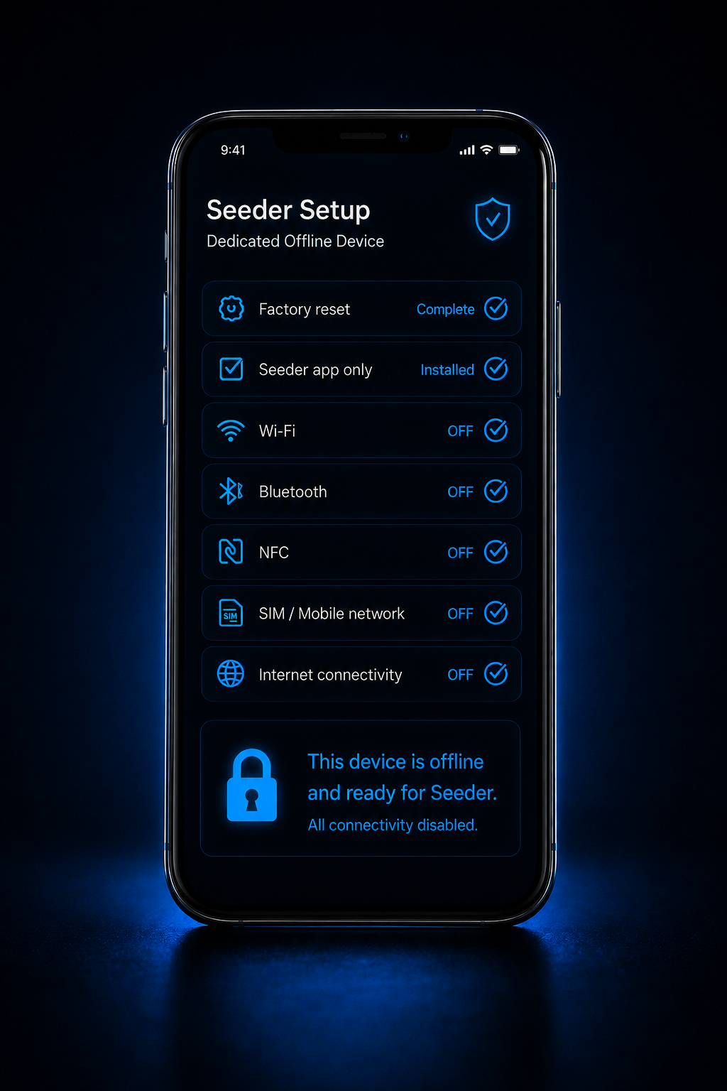 Dedicated offline Android phone configured for Seeder